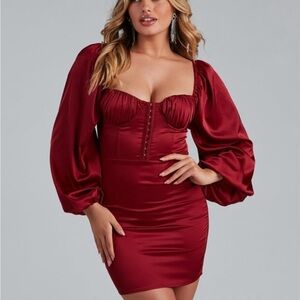 Windsor Sweet & Chic Satin Mini Dress Long Balloon Sleeve Corset Red NWT Size L